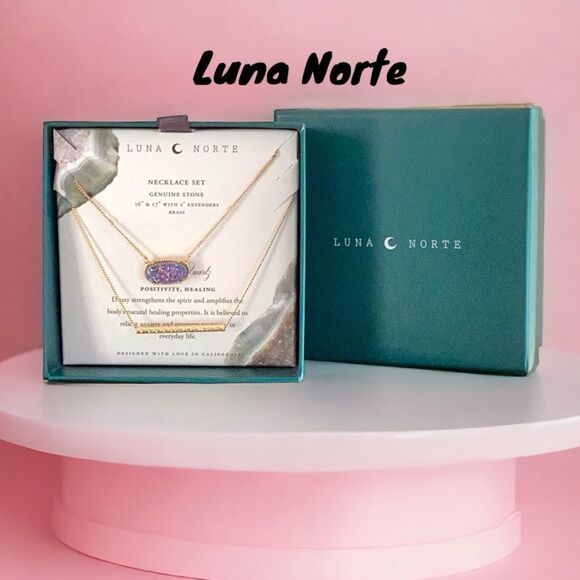 LUNA NORTE NIB NECKLACE SET OF 2 GENUINE STONE POSITIVE HEALING BRASS - Picture 1 of 9